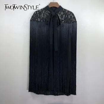 

TWOTWINSTYLE Heavy Tassel Cape Shirts Women Bandage Patchwork Lace Long Blouse Tops Female Elegant Fashion 2020 Spring Tide