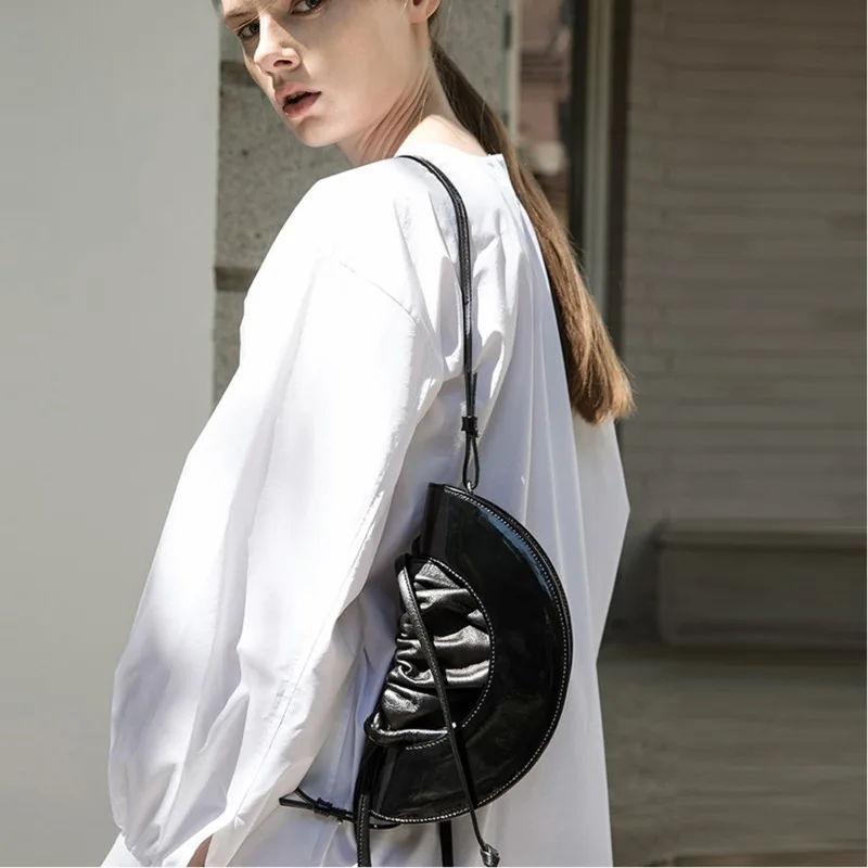 

2019 New Spring Woman Fashion Black Faux Leather Pu Half Moon Bag Women Soft Shoulder Bags String Casual Crossbody Bags OC057