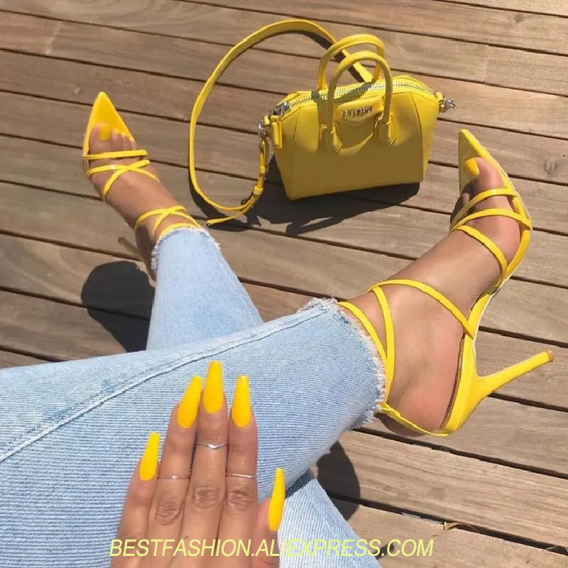 

Cross Tied Luxury Shoes Women Designers Pointed Toe Ankle Strap Woman Sandals Summer Fashion Runway Shoes Thin High Heels