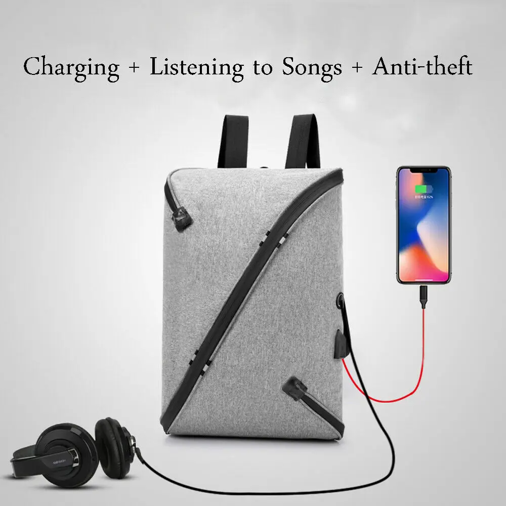 Anti-theft men's fashion backpack personality solid color add USB and charging port laptop bag