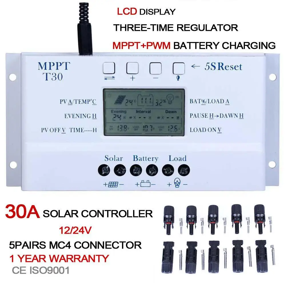 

Solar Panel Regulator LCD 30A 12V/24V MPPT Charge Controller & USB 3 timer Temp Sensor + 5 pairs MC4 M/F Cable Connector A609