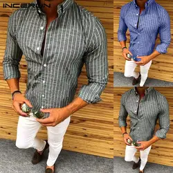 INCERUN Новая мода Для мужчин рубашка в полоску с длинными рукавами с лацканами шеи Slim Fit Мужской топы Бизнес рубашка Для мужчин осень