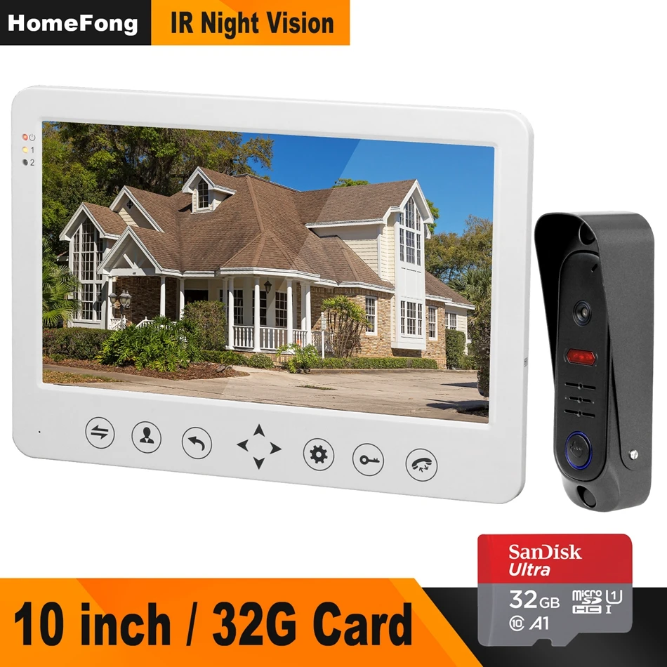 HomeFong 10'' Video Intercom Doorbell With 32G Card 1 Indoor Door Visual Phone System 1 Outdoor IR Security Monitor door interco