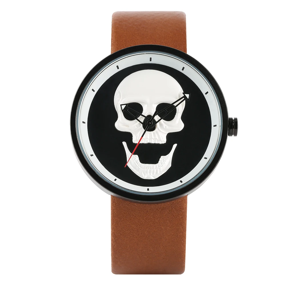 

Analog Quartz Movement Watch for Men Skull Pattern Brown Watches for Boy Vogue Leather Band Strap Wrist Watch for Teenager
