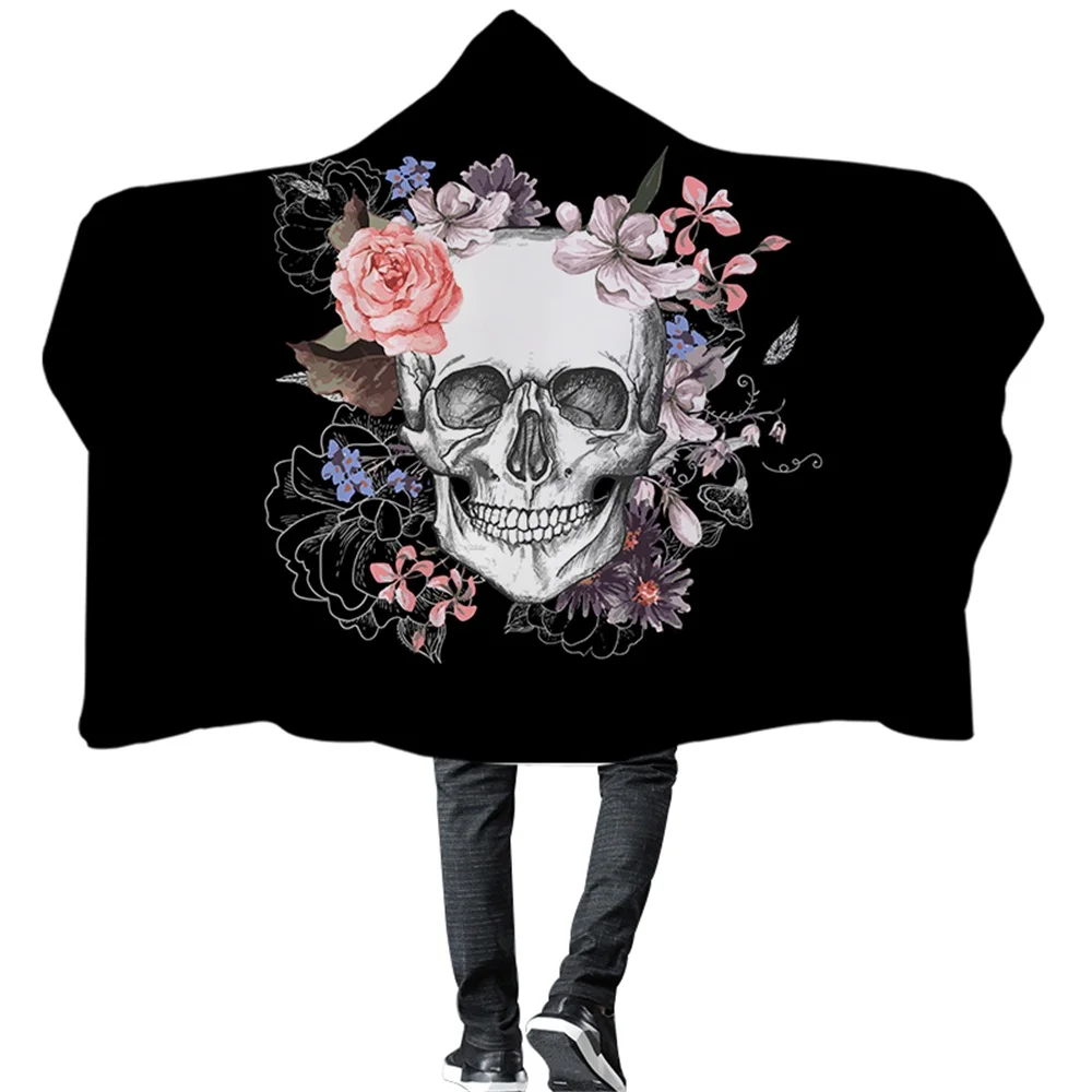 

Super Soft Premium Fleece Wearable Hooded Blanket Mexican Sugar Skull Blue Pink Flowers Hooded Throw Wrap for Adults Children