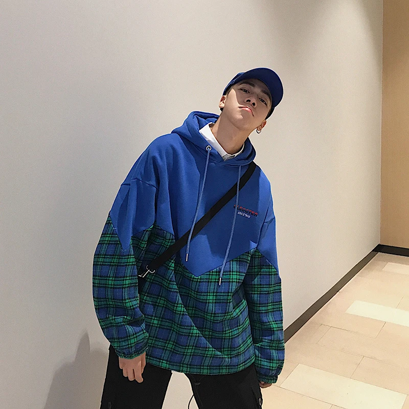 

2018 Autumn and winter plaid printing patchwork Cashmere hoodies Korean Edition male students loose large size casual pullovers