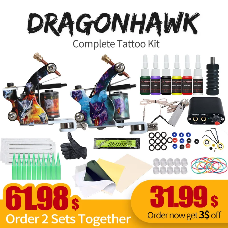 

Complete Beginner Tattoo Kit Machine Guns Inks Needles Tattoo Power Supply D1025GD