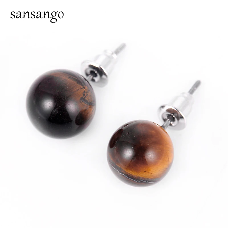 

1paris New Simple Brown Color Natural Tiger Eye Stone Round Bead Stud Earrings For Women Girl OL Party Earring Jewelry Wholesale