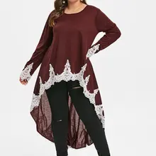 Wipalo размера плюс кружевная панель Асимметричная контрастная Футболка женская с длинными рукавами, с круглым вырезом Длинные Рубашки повседневные женские топы большого размера