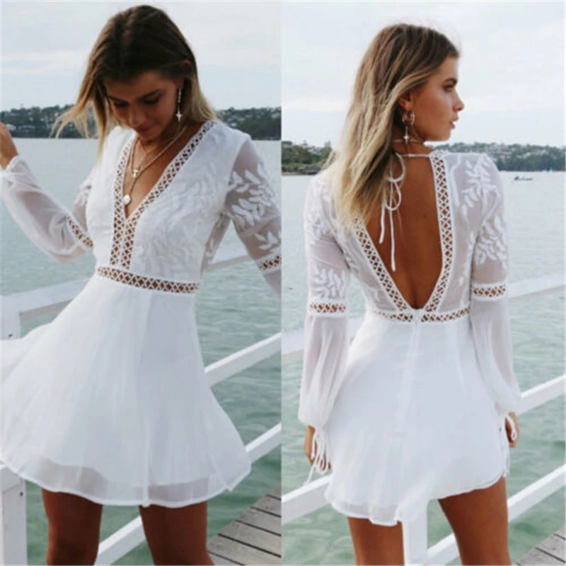 

Women Summer Casual Backless Prom Party Cocktail Lace Short Beach Style Mini Dress