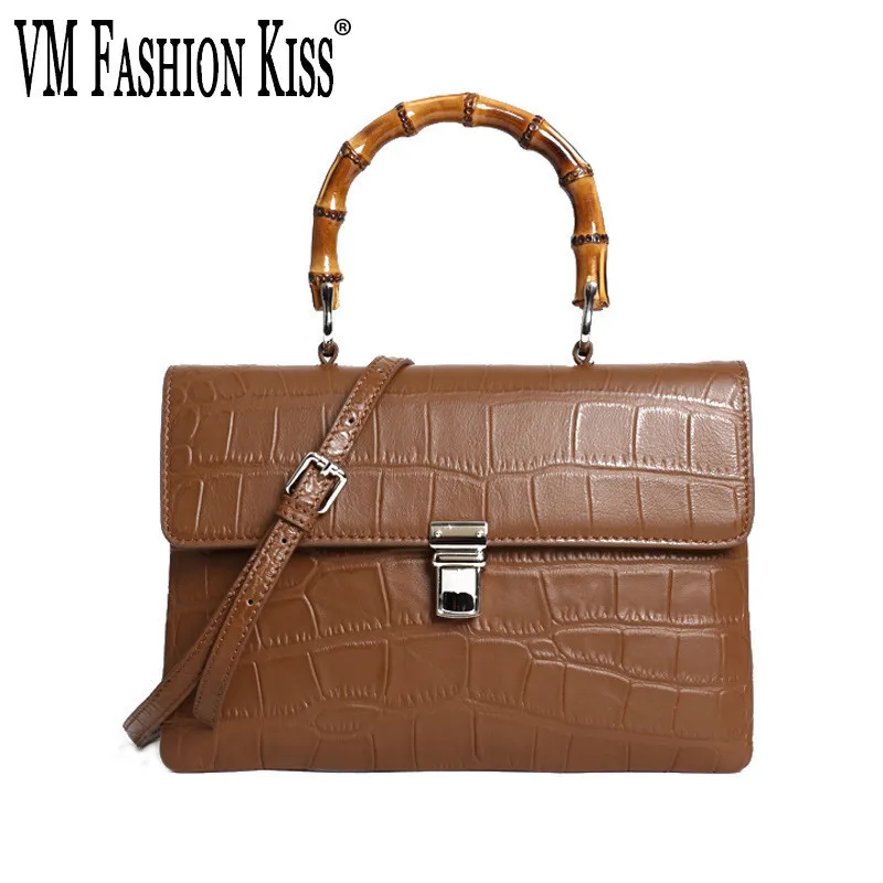 

VM FASHION KISS 2019 Early Spring Genuine Leather Crocodile Pattern Bamboo Woman Briefcase Luxury Handbags Women Bags Designer