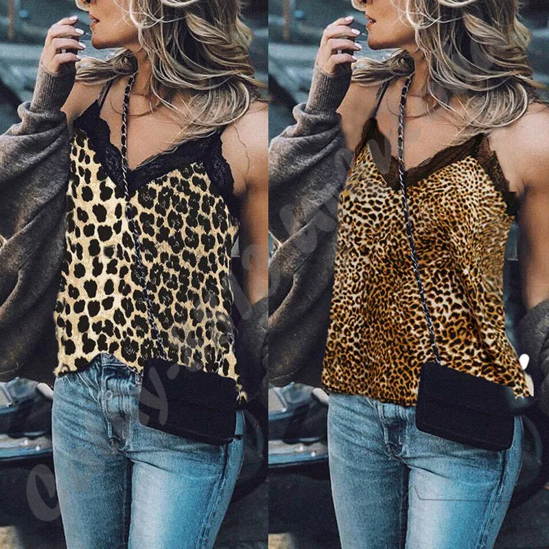 

HIRIGIN Fashion Women Sexy V Neck Leopard Print Camisole Tee Vest Summer Lady Lace Cami Crop T Shirt