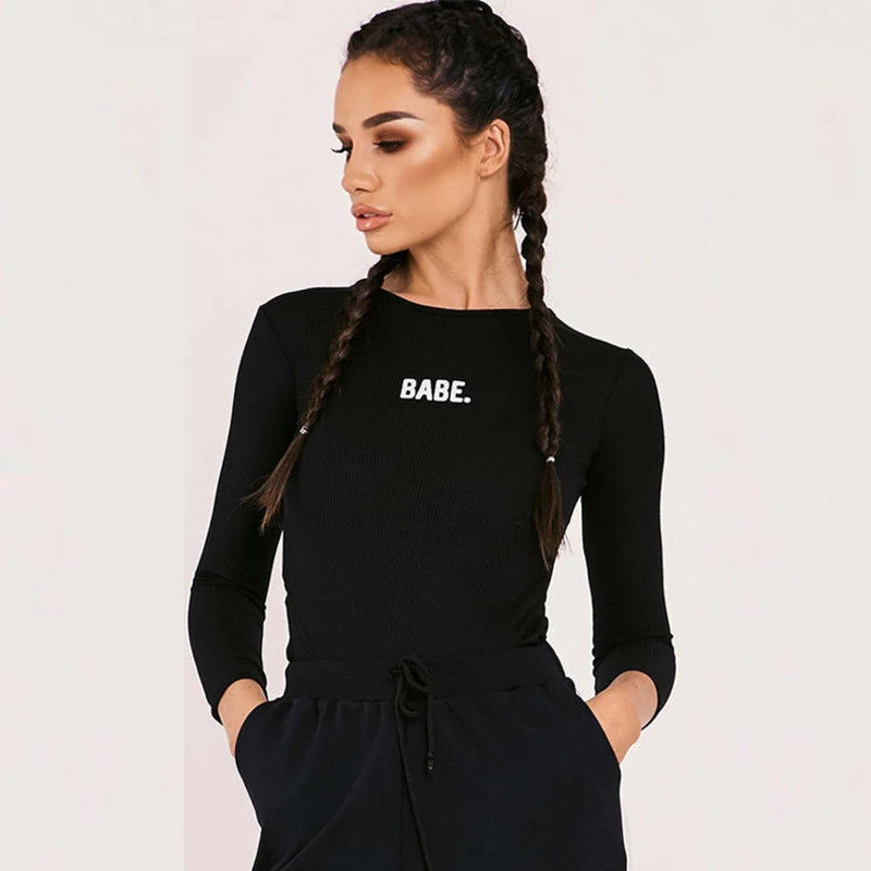 

cotton long sleeve o neck skinny letter printed bodysuit 2018 autumn winter women black white silm sexy body suit