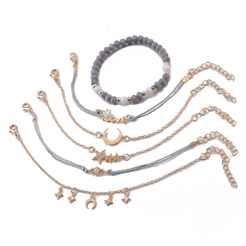 

6 Pcs/Set Trend Moon Stars Love Gems Star Crescent Wafer Chain Bracelet Set Women Stone Beads Jewelry Party Accessories Gifts