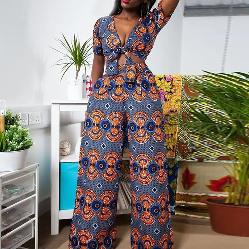 

Two Piece Set Women Boho Ethnic Fashion Print Deep V Sexy Cropped Tshirt Lace Up Ladies Beach Travel Causal Pants Summer Sets