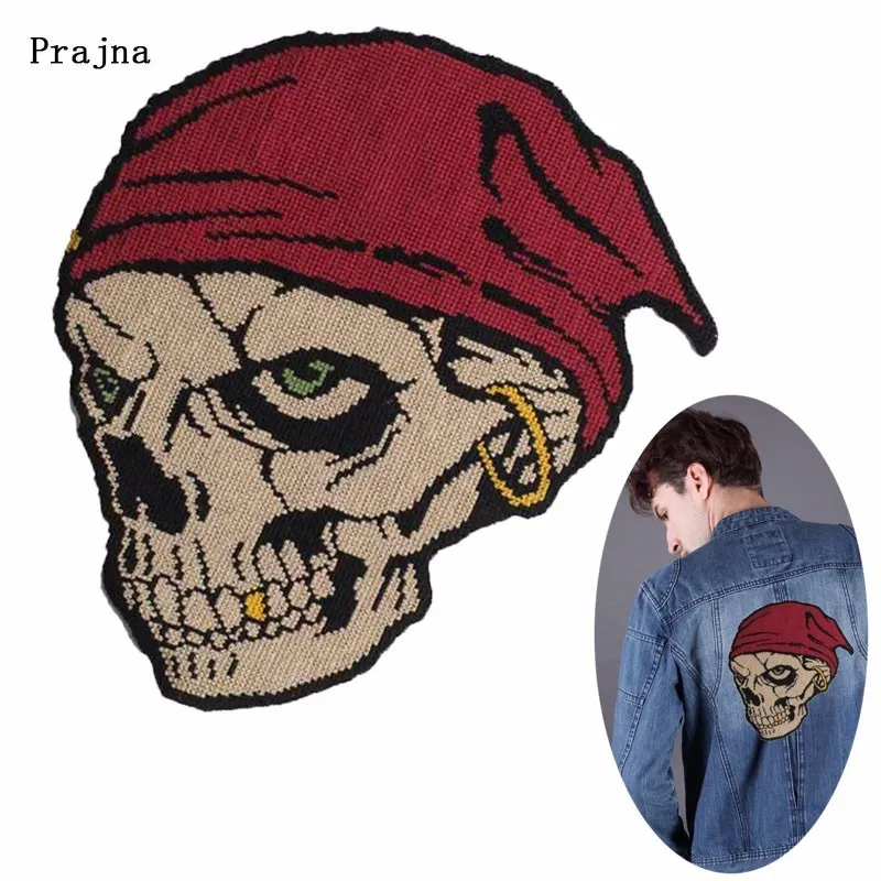 

Prajna Rock Biker Skull Large Back Patch Red Cap Punk Sticker Sewing Embroidered Fashion Patches For Clothing Accessory Badge H