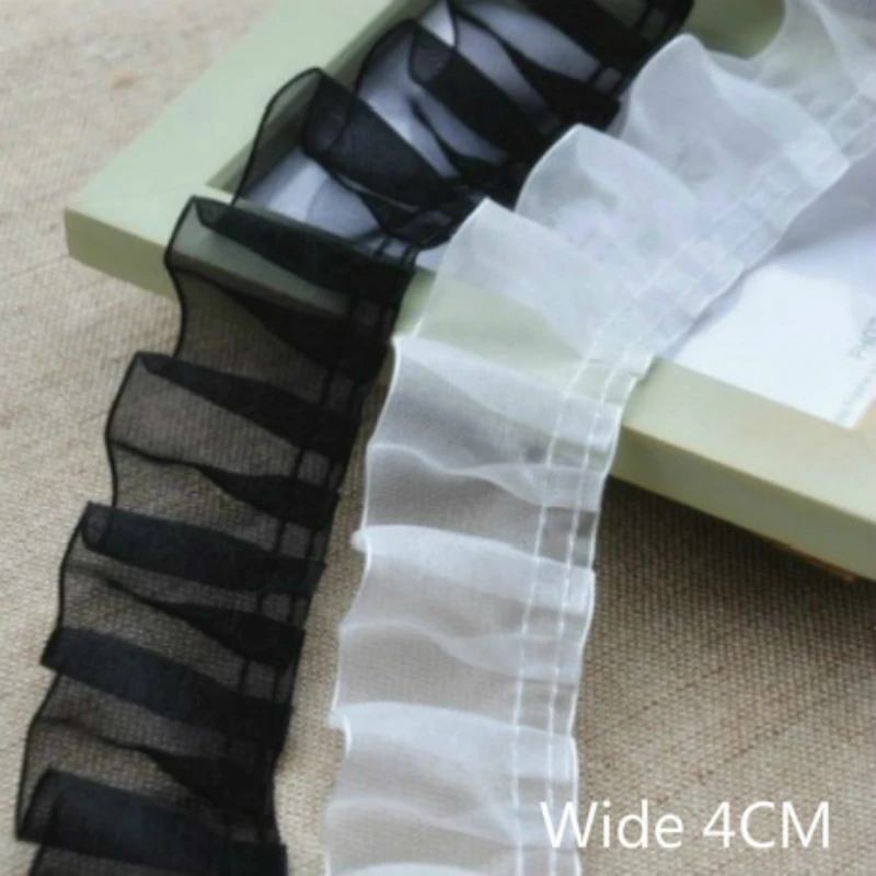 

4CM Wide Black White Pleated Chiffon Tulle Fine Lace Ribbon Ruffle Trim Collar Applique DIY Crafts Dress Clothes Fringe Decor