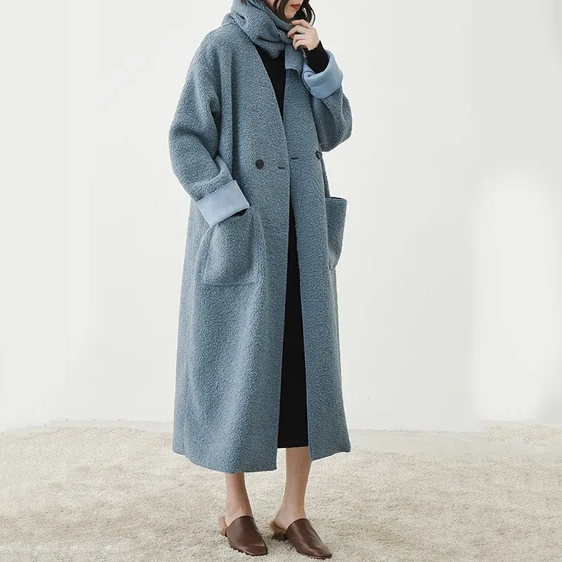 [EAM] 2019 New Spring Winter V-collar Long Sleeve Blue Double Breasted Big Size Woolen Coat Women Parkas Fashion Tide JL247