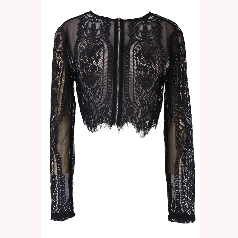 New Fashion Black Lace Shirt Women Slim Lace Flore Shirt Crop Tops Long