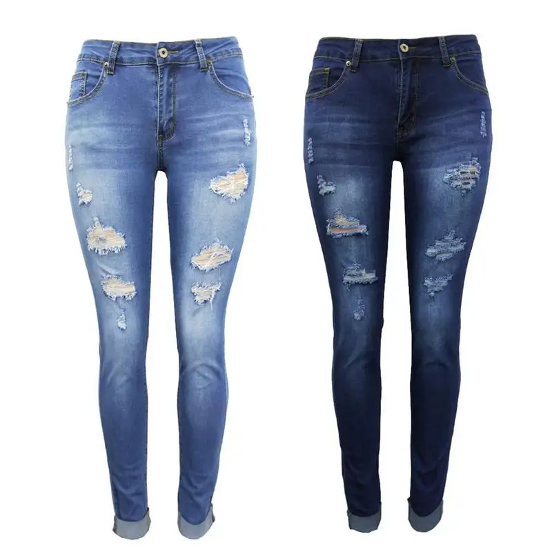 Women Skinny Holes Destroyed Jeans Woman Dark Blue Sky Blue Denim Pants ...