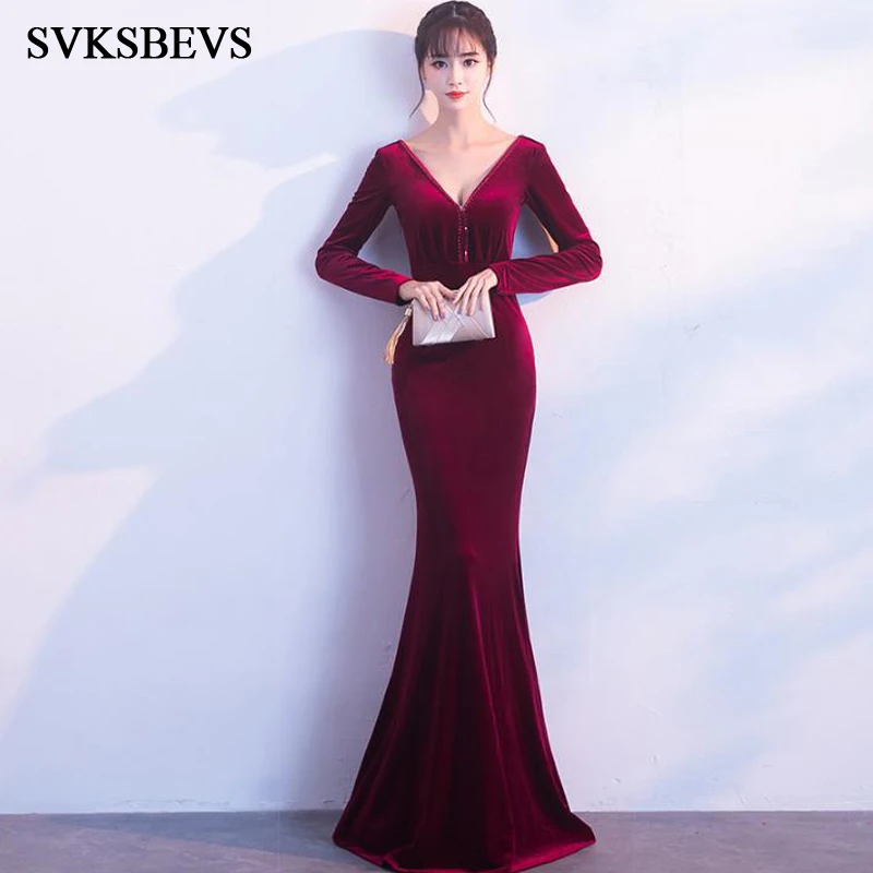 

SVKSBEVS Sequined Sexy Deep V Neck 2019 Mermaid Velvet Long Dresses Elegant Long Sleeve Backless Party Maxi Dress