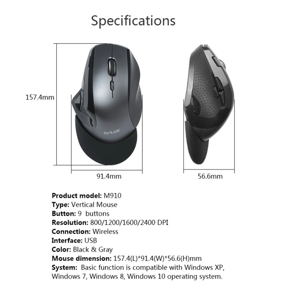 Мышь Компьютерная Delux M910 Беспроводная оптическая Вертикальная Эргономичная с 9