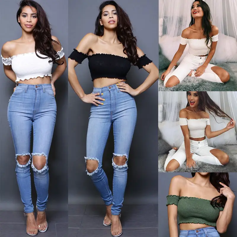 

Summer Fashion High Street Women Casual Off Shoulder Vest Tee Short Sleeve Skinny Crop Tops T-Shirt