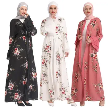 

Abaya Dubai Muslim Open Front Cardigan Flower Print Women Long Dress Bell Sleeve Islamic Robe Maxi Jilbab Kaftan Kimono Ramadan
