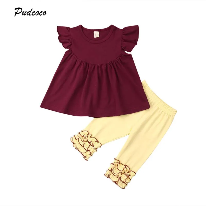 

2019 Toddler Kids Girl Clothes Outfits New Summer Casual Fly Sleeve T shirt Dress Tops Ruffle Pants Leggings 2Pcs Set Clothing