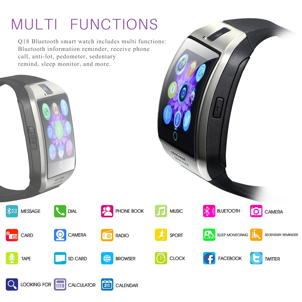 Q18 Bluetooth Смарт часы браслет с телефоном сенсорным экраном Поддержка Micro SIM TF карта