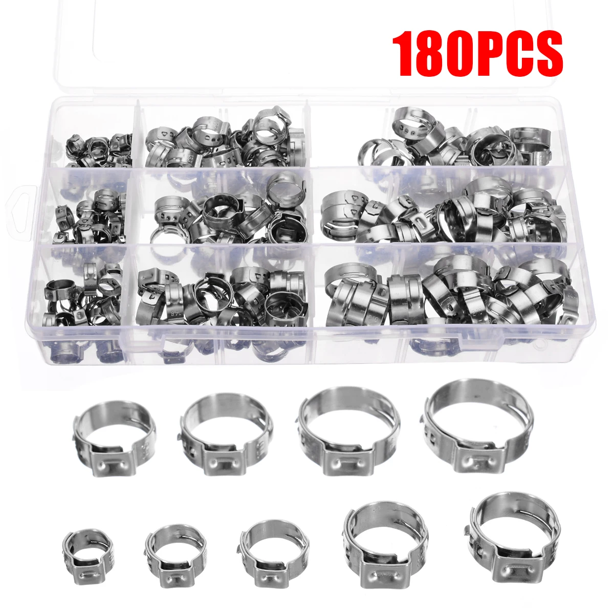 

180pcs/kit Stainless Steel Single Ear Hose Clamp Hose Clamp Assortment Kit Ear Stepless Cinch Rings Crimp Pinch Fit 5.8-21mm