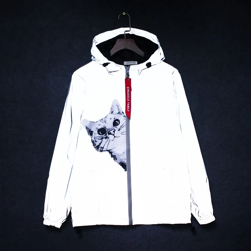 

Casual men women 3M Reflective Jackets Cat Animal Print Zipper Funny Pocket hooded Men Windbreaker Jacket Homme Coats Sweatshirt