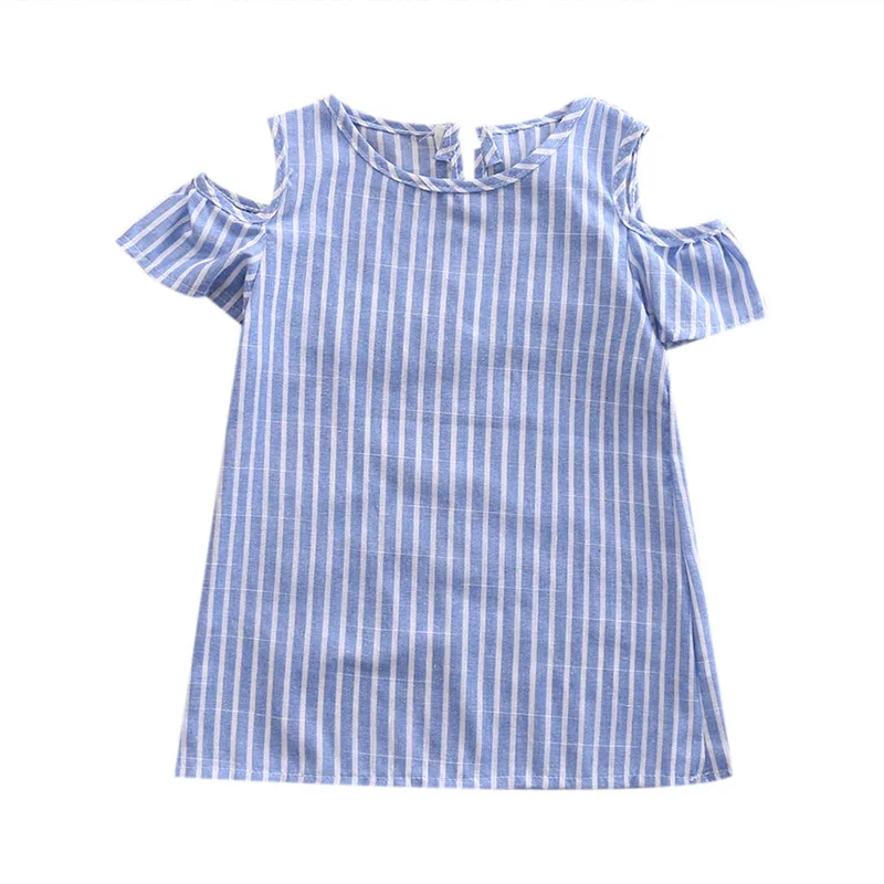 

Summer Newborn Baby Girls Princess Sweet Lovely Summer Dress Petal Sleeve Off Shoulder Blue Striped Back Button Bow Mini Dress
