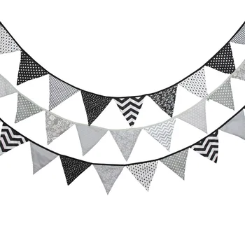 

New 12 Flags - 3.2M Cotton Fabric Banners Black White Bunting Decor Camping Garland Birthday Party Decoration garden bunting