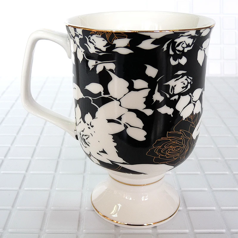 

High quality bone china self stirring coffee mug Black and white flowers 370ml Birthday Holiday Gift