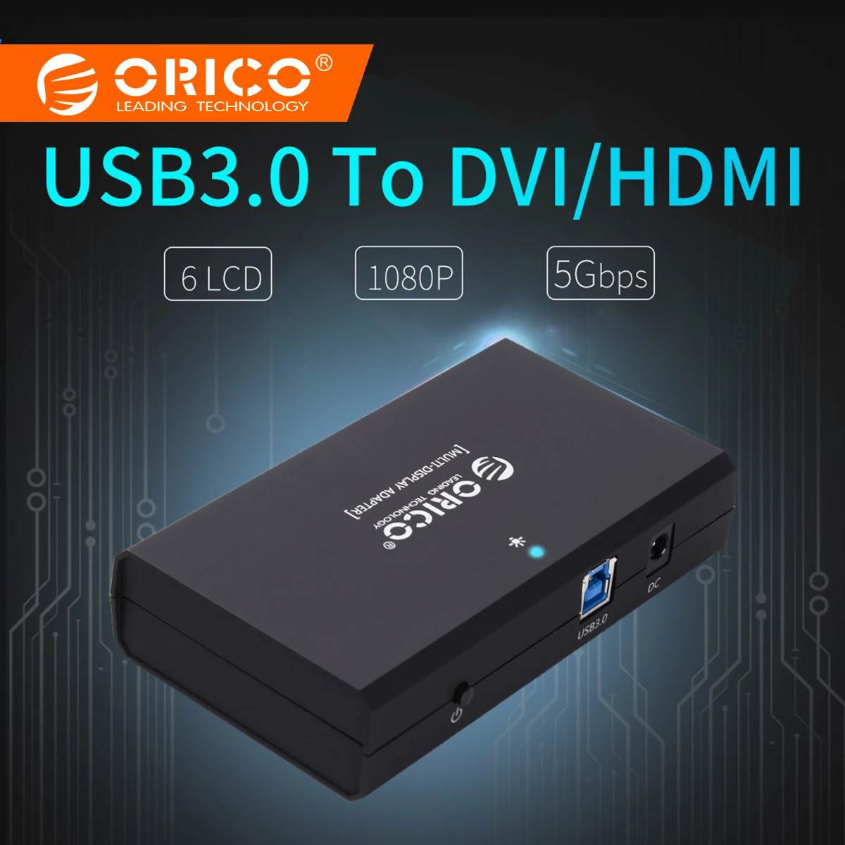 

ORICO USB3.0 to DVI/HDMI External Monitor Converter Connector Controller 5Gbps Support 6 Screen -Black(DHU3A-BK)