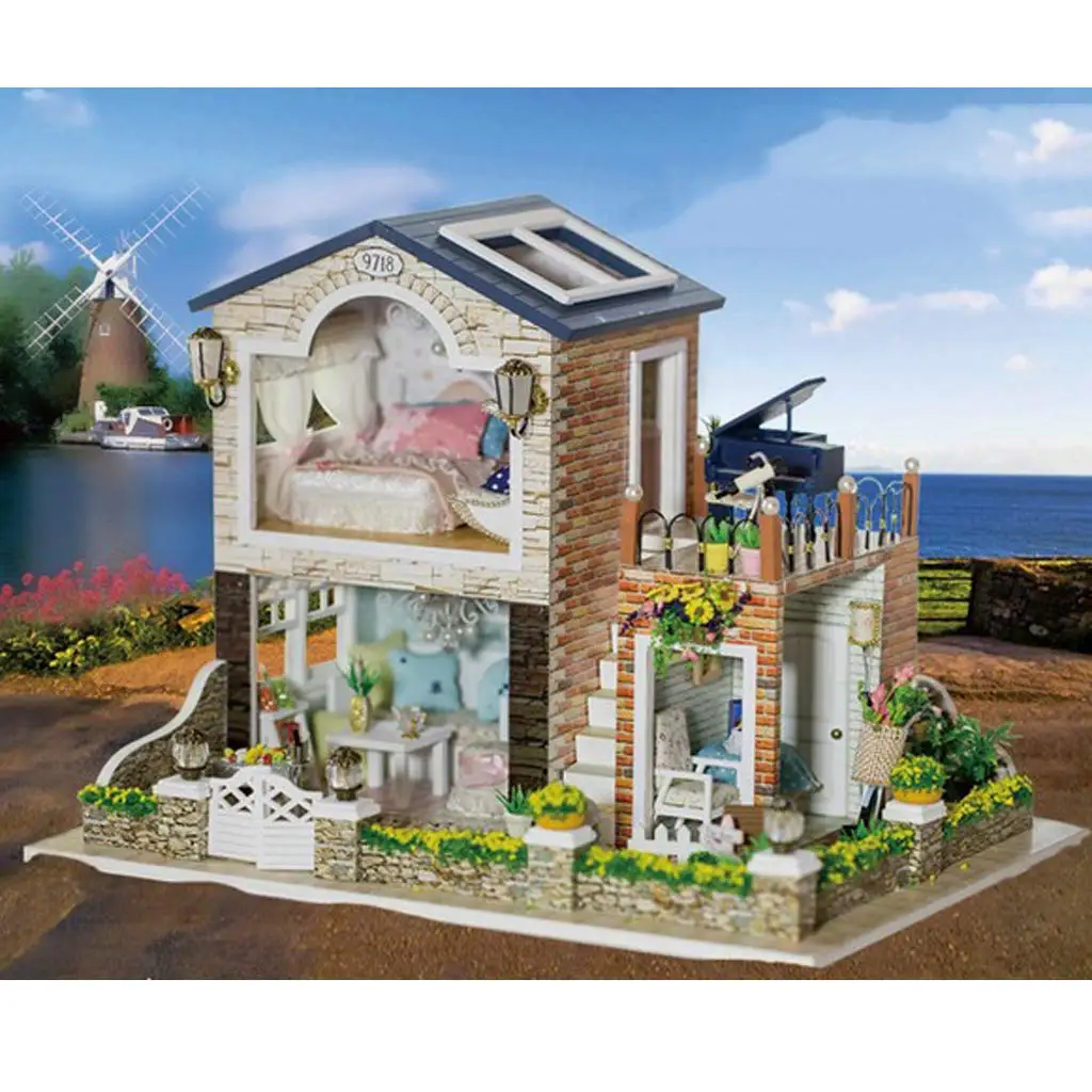 Miniature Dollhouse Kit DIY Wooden Ireland Doll House Model with Lights Furniture Educational Toys Gift for Children Kids Adult