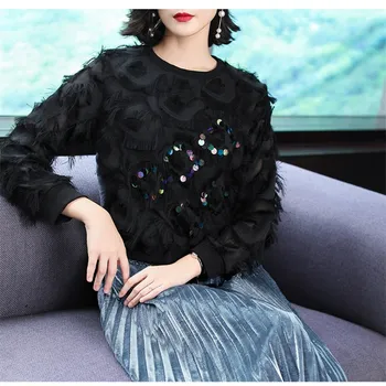 

Autumn Winter Tassels Elegant Suits Shiny Pleated Lace-Up Bows Two Pieces Sets Women Sequins Sparkle Party Skirt Sets
