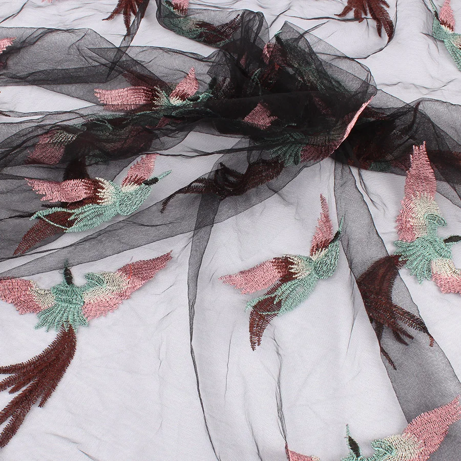 

145cm wide net embroidery flying birds lace fabric for Wedding dresses DIY white black embroidery french tulle lace fabric