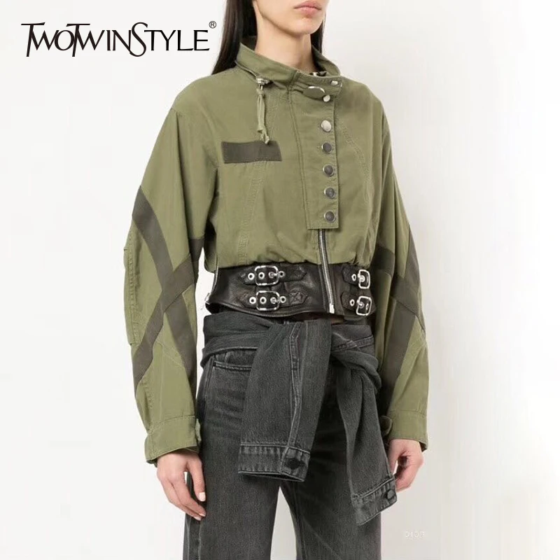 

TWOTWINSTYLE Short Jacket Women Stand Collar Patchwork Tunic Long Sleeve Button Female Coat Autumn Fashion Tops Casual Clothing