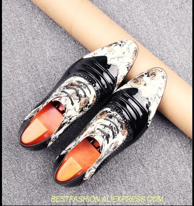 

High Heels Dress Shoes Men Lace Up Printed Mix Colour Patent Leather Height Increasing Nightclub Party Smart Casual Shoes