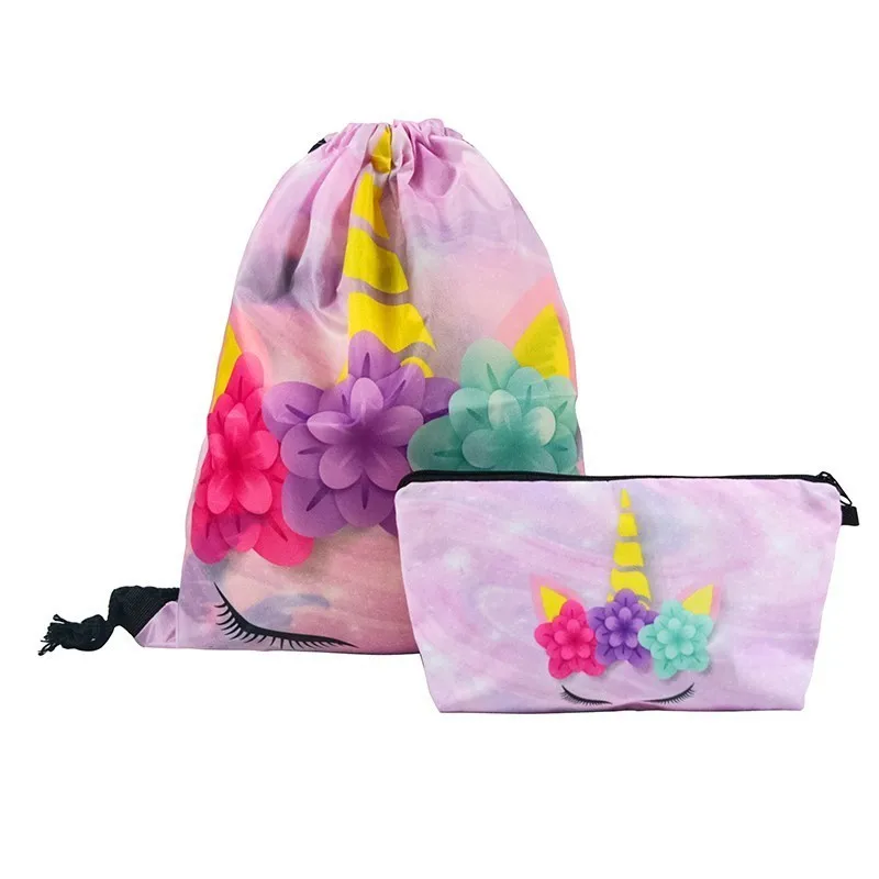

2 Pcs/set Lovely Unicorn Series Travel Storage Bag Large Capacity Drawstring Backpack Cosmetic Bag Makeup Storage Pouch
