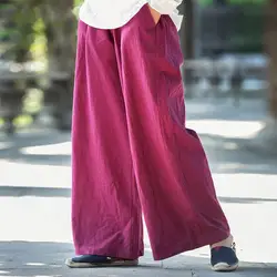 Для женщин Винтаж мыть водой Повседневное Широкие штаны в китайском национальном стиле прямые штаны Цвет свободные длинные брюки