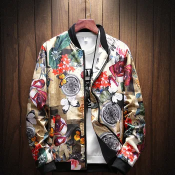 

#4374 2019 Spring Stand Collar Vintage Floral Print Coat Men Plus Size 5XL Streetwear Bomber Jacket Mens Fashion