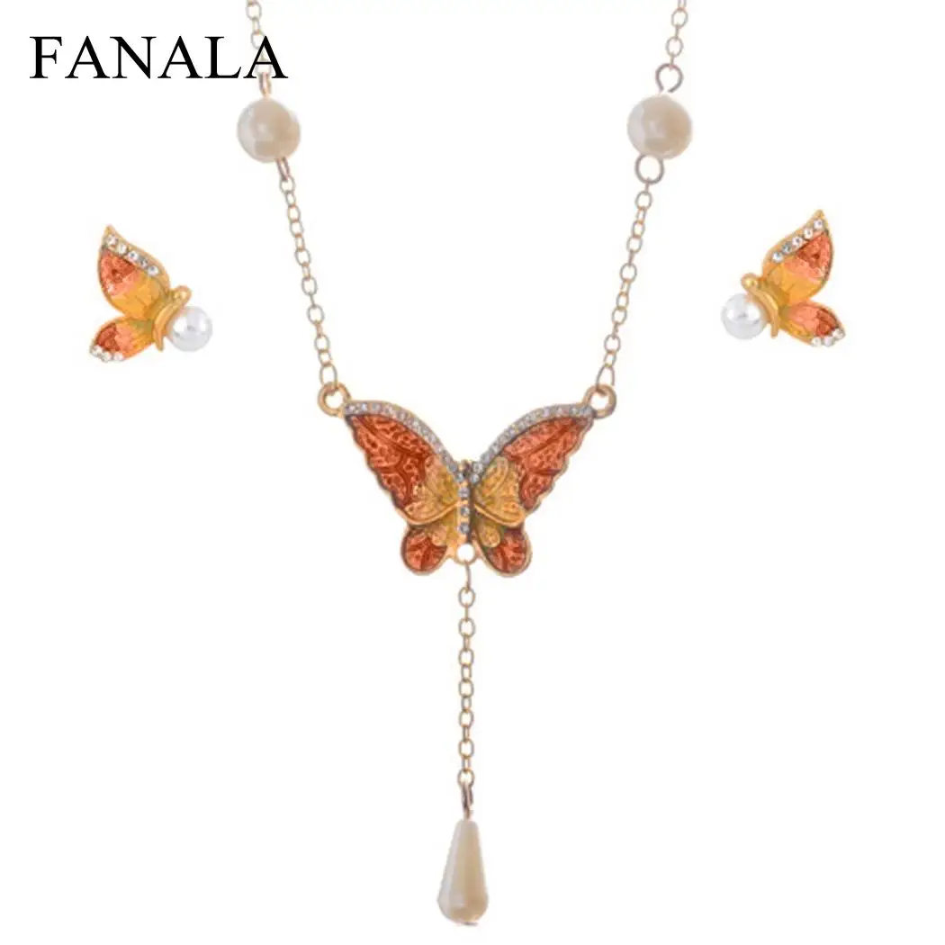 

New Fashion Wholesale Newest Orange Green Color Colorful Butterfly Shape Earrings & Pendant Necklace Jewelry Set