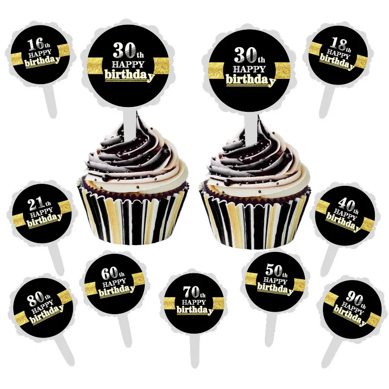 

Amawill 6pcs/lot 16 18 21 30 40 50 60 70 80 90 Happy Birthday Cupcake Toppers Birthday Stickers Adults Birthday Party Decoration
