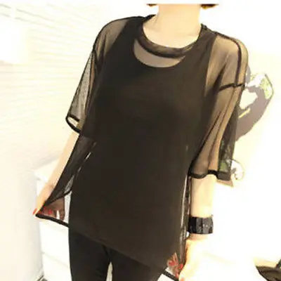 NEW Womens Oversized Mesh T Shirt Top See Through Sheer Short Sleeve Black Long