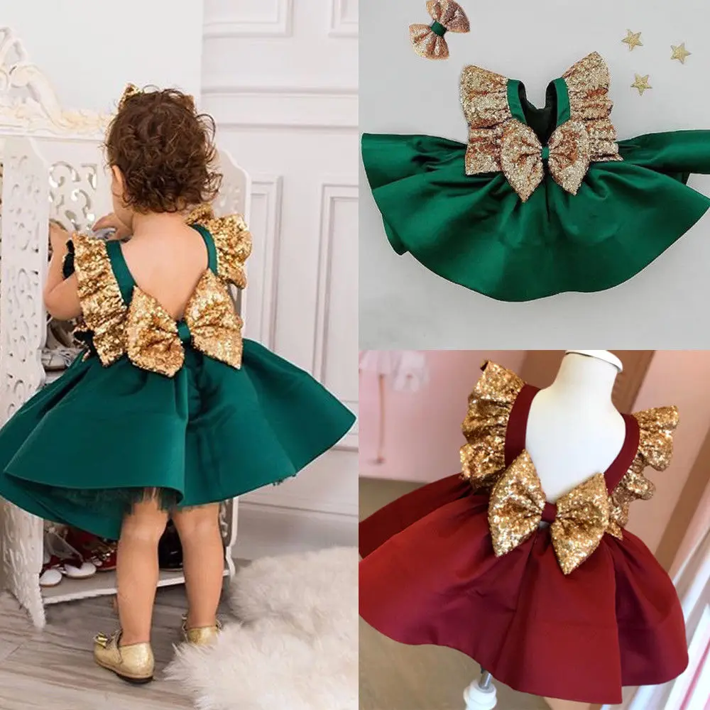 Детское официальное платье с открытой спиной, бантом и блестками для маленьких девочек, рождественское праздничное платье принцессы детские летние новые стильные свадебные платья без рукавов