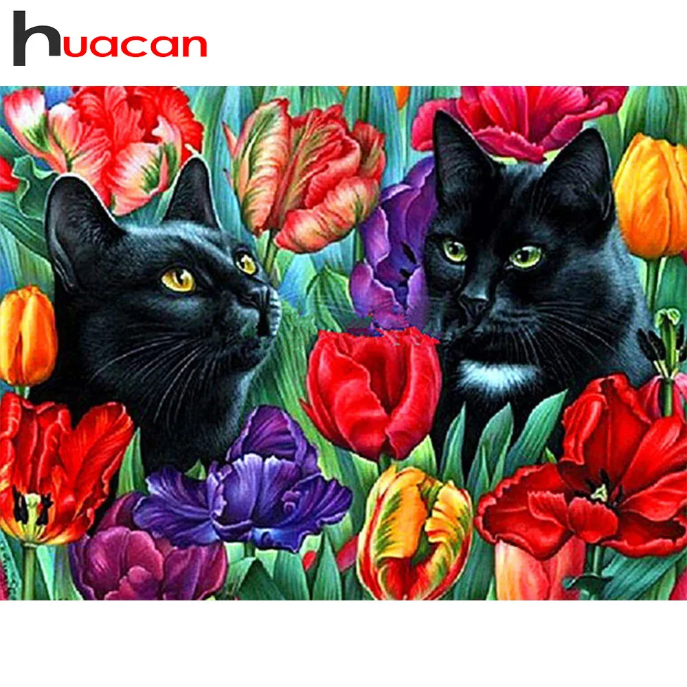 

Huacan Full Square DIY Rhinestone Diamond Painting Cross Stitch Cat And Flower Mosaic Diamond Embroidery Animal Home Decor