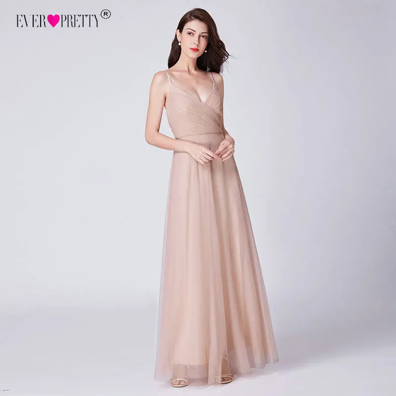 Элегантные платья подружки невесты длинные когда-либо Довольно Спагетти ремни A-Line v-образным вырезом розовый шифоновое платье для